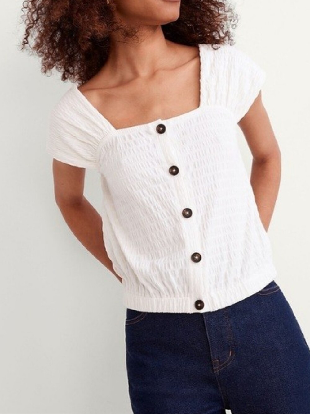 Madewell Crinkle Knit White Textured Button-Front Women's Top